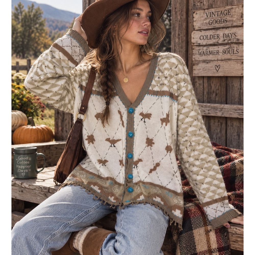 Storybook Knits Women Beaded Animal Argyle Cardigan Sweater Cream Tan Blue S